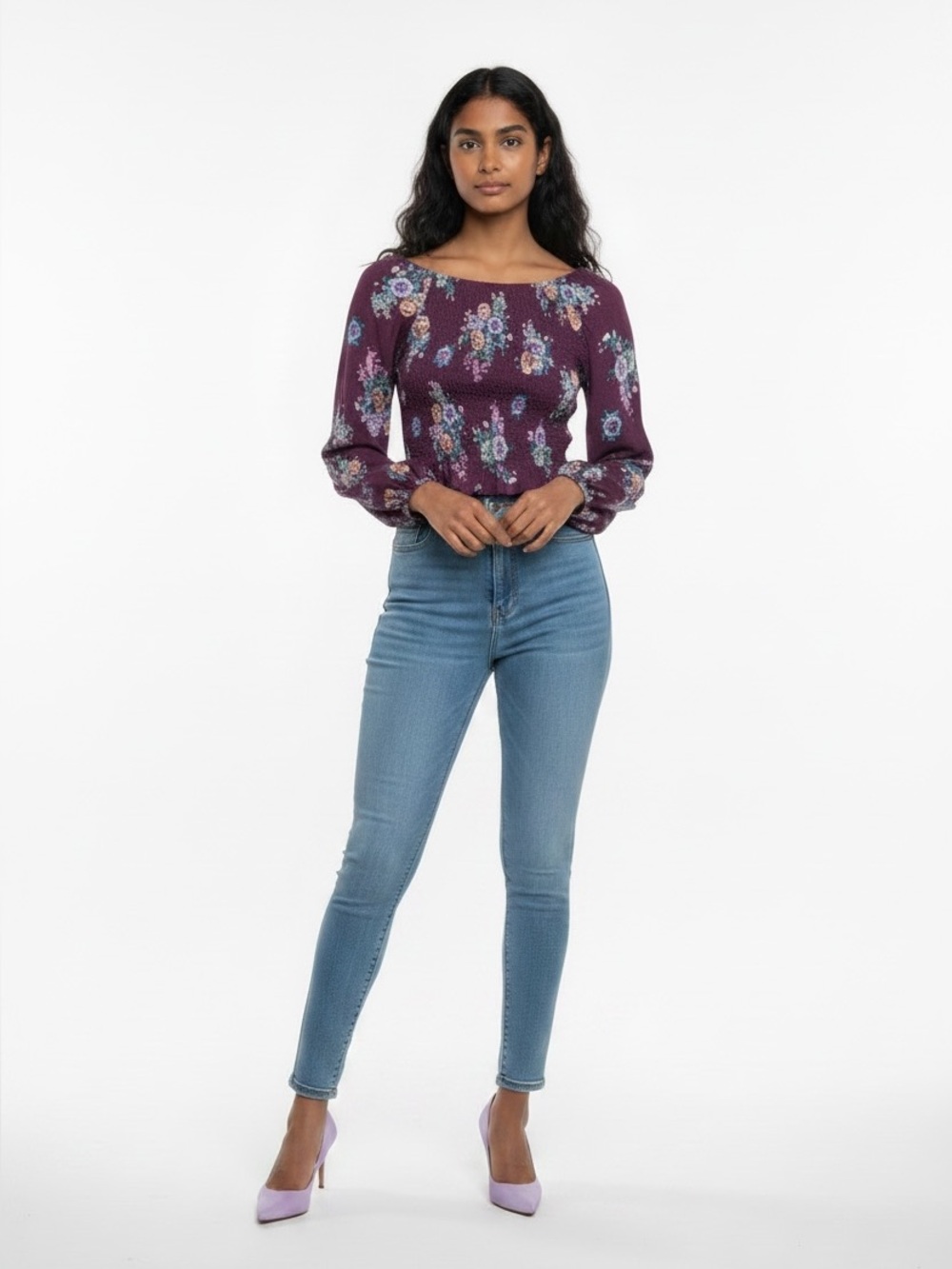 Rue21 Plum Floral Long-Sleeve Cropped Top